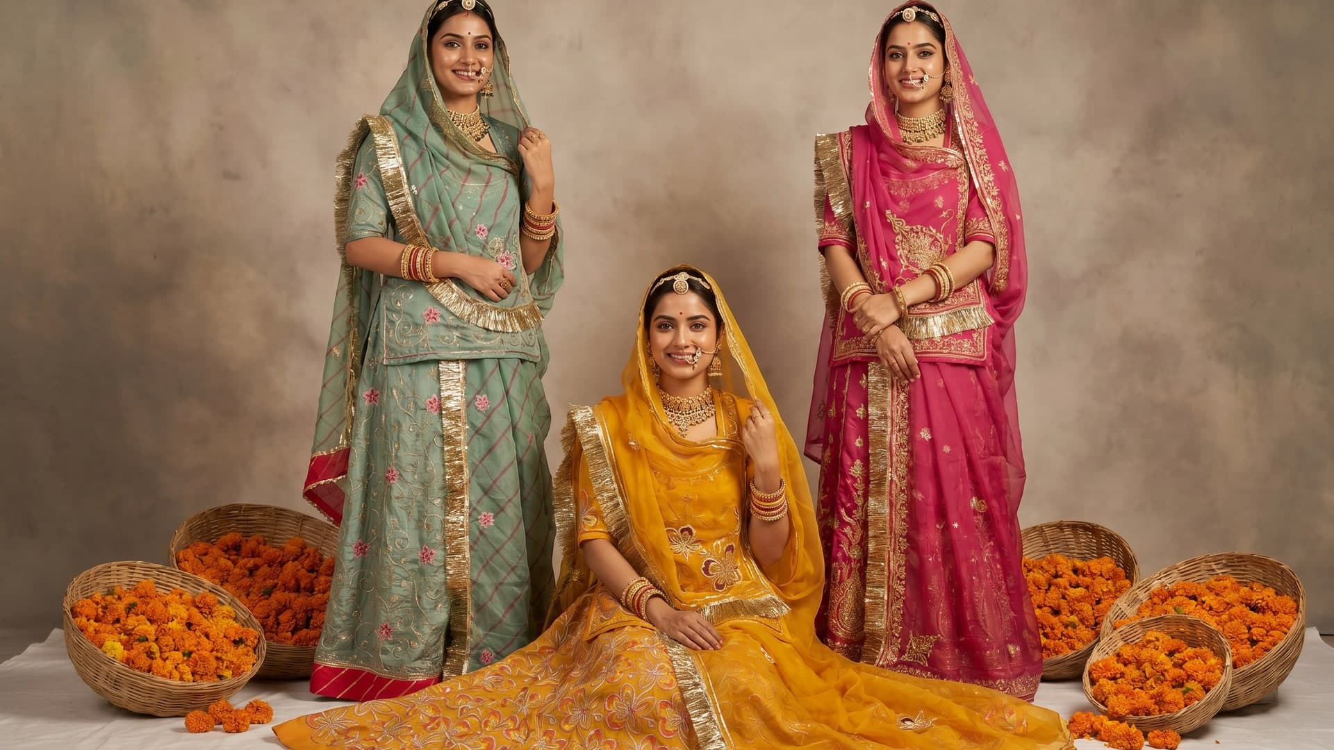 Three women in mustard, sage-green and rani-pink Rajputi poshaks with marigolds, The Grand Abhaneri